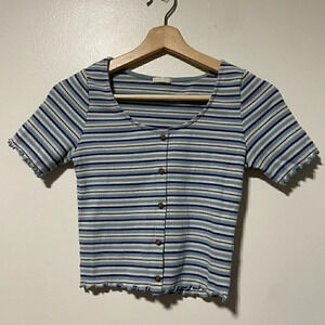 GU Striped Ribbed Crop Top with Button Detail - Blue and White, Size Small